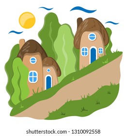 Cozy town is a small street with a sloping road. Illustration in flat style