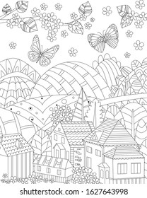 cozy town surrounded trees and flowers against hills. flying butterflies. flowering branches with leaves for your coloring page