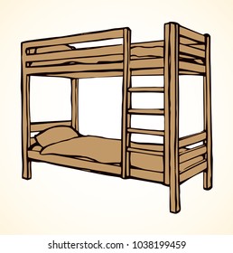 Cozy trendy empty 2 flat bedstead on white backdrop. Freehand line black ink hand drawn icon sketchy in art retro scribble style pen on paper with space for text