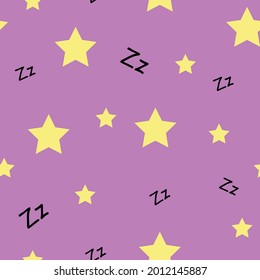 Cozy trendy seamless pattern with stars and sleepy sign on purple background.
Design for pajamas, clothes, poster, valentines day, wrapping,
 background, print, texture, textile.