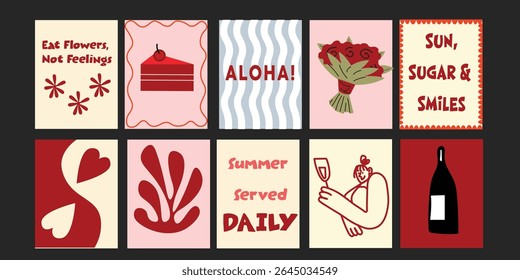 Cozy Trendy summer designs combining fun typography with delicious produce – strawberries, tomatoes, broccoli, and more – ideal for social media or poster templates.

