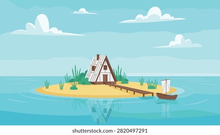 Cozy triangular a-frame cabin on a small sandy island with wooden pier and sailboat on clear turquoise ocean.
