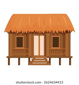 Cozy tropical bungalow featuring a thatched roof, wooden stilts, and a welcoming entryway
