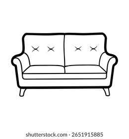 acolhedor sofá de dois lugares com almofadas preto line art