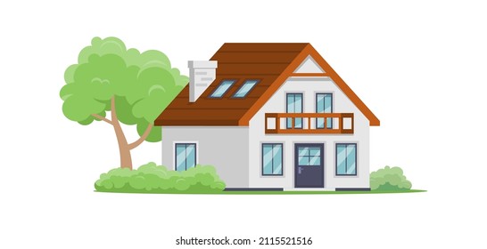 Cozy two storey suburban house with wooden roof balcony veranda isometric vector illustration. Comfortable family countryside home with summer garden yard. Cottage street facade with door window