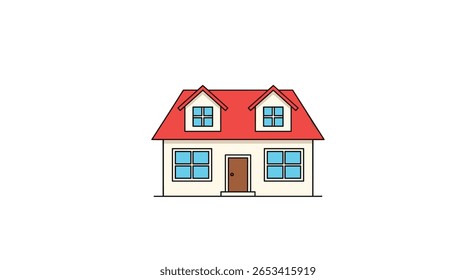 Cozy two story house with red roof and blue windows on white background