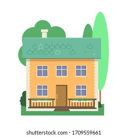 Cozy two-story house on a green lawn. Vector flat cartoon illustration.