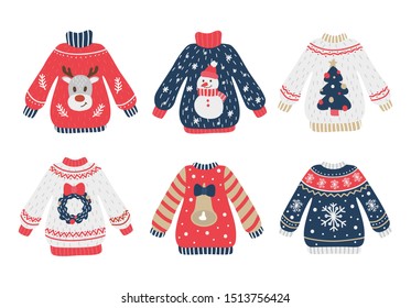 Cozy and ugly knitted sweaters christmas set vector illustration. X-mas collection of knitwear jumper with xmas deer, snowman, fir-tree, snowflake, jingle bells flat style concept. Isolated on white