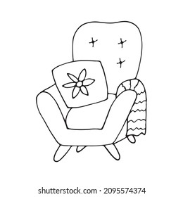 A cozy upholstered armchair with a pillow and a blanket. Doodle style. Vector illustration of a chair with a pillow and a blanket. A symbol of comfort.