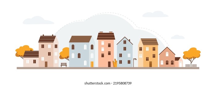 Cozy urban autumn landscape. Cute town with small houses. Architecture of city street. Exterior facade of residential building.  Flat vector illustration isolated on white background.