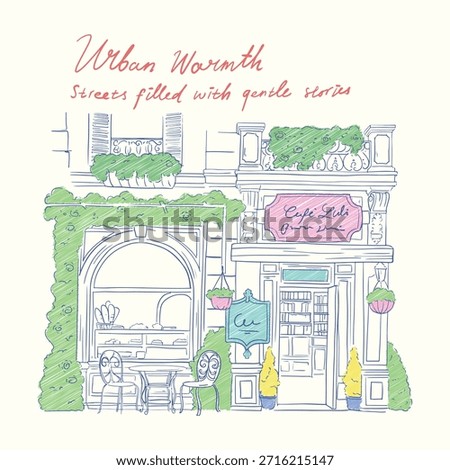 Cozy Urban Cafe Storefront Hand Drawn Illustration. Little Shop illustrations with a cozy, whimsical vibe. Perfect for branding, posters, social media, packaging, website design, and lifestyle-themed creative projects.