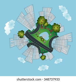 Cozy urban planet with buildings, roads, and park. City on the Earth. City buildings on globe. City background. Blue background variant