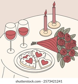 A cozy Valentine's Day dinner setup with a beautifully decorated table