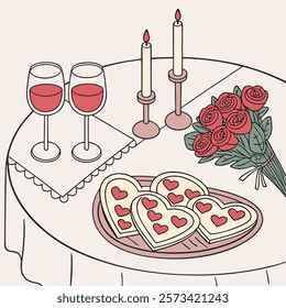 A cozy Valentine's Day dinner setup with a beautifully decorated table