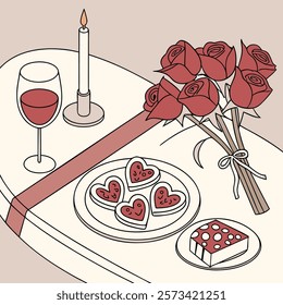 A cozy Valentine's Day dinner setup with a beautifully decorated table