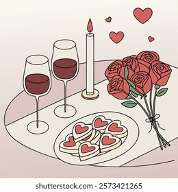 A cozy Valentine's Day dinner setup with a beautifully decorated table