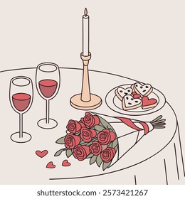 A cozy Valentine's Day dinner setup with a beautifully decorated table