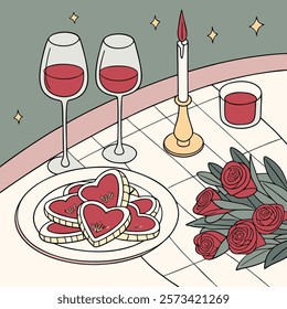 A cozy Valentine's Day dinner setup with a beautifully decorated table