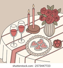 A cozy Valentine's Day dinner setup with a beautifully decorated table