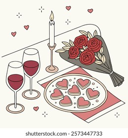A cozy Valentine's Day dinner setup with a beautifully decorated table