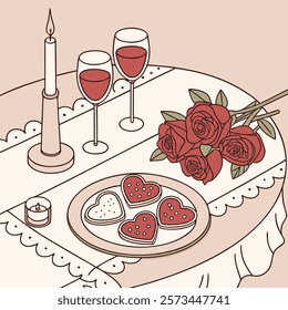A cozy Valentine's Day dinner setup with a beautifully decorated table