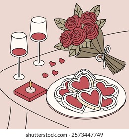 A cozy Valentine's Day dinner setup with a beautifully decorated table