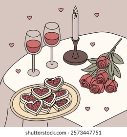A cozy Valentine's Day dinner setup with a beautifully decorated table