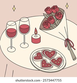 A cozy Valentine's Day dinner setup with a beautifully decorated table