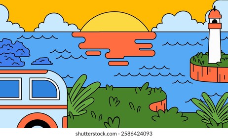 Cozy van parked by the seaside during sunset  designed in a bright and cheerful style  perfect for travel and nature cartoon hand drawn illustration vector