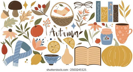 A cozy vector autumn themed illustration featuring fall elements like leaves, pumpkins, mushrooms, hot drinks, books, and more, showcasing the warmth and colors of the autumn season