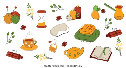 Cozy vector clipart collection inspired by slow living and pause culture — includes tea, candles, books, herbs, eye mask, and calm moments