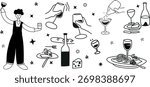 Cozy vector doodle collection featuring wine, food, and romantic dinner elements. Ideal for menu art, stickers, and social media designs.