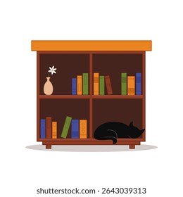 Cozy vector drawing of a small bookshelf filled with colorful books and a sleeping black cat resting on the bottom shelf.
