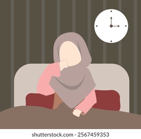 A cozy vector of a girl enjoying sahur, sitting at a table with traditional dishes and a clock showing early morning. Simple, warm, and peaceful vibes.