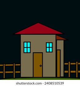 A cozy vector house with a red roof on a green lawn
