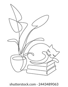 A cozy vector illustration with books, a house flower, and a sleeping cat. Can be used for reading lists, book reviews, lifestyle blogs. Continuous one line drawing of pet is sweet asleep