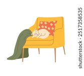 Cozy vector illustration of cat sleeping on soft chair with blanket. Perfect for home decor, pet themed designs, and relaxing interior concepts