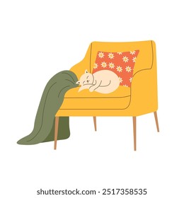 Cozy vector illustration of cat sleeping on soft chair with blanket. Perfect for home decor, pet themed designs, and relaxing interior concepts