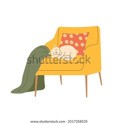 Cozy vector illustration of cat sleeping on soft chair with blanket. Perfect for home decor, pet themed designs, and relaxing interior concepts