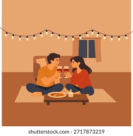 Una acogedora Ilustración vectorial de una pareja compartiendo vino y pizza en una alfombra bajo cálidas luces de cuerda, creando un ambiente romántico e íntimo.