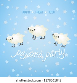 Cozy vector illustration with cute sheep, stars and text "Pajama party". Sleepover, pajama party Invitation in pastel colors. Template inviting for slumber pyjama overnight card.