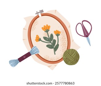 A cozy vector illustration of an embroidery hoop with a flower design. Knitting, crocheting, and handcraft hobbies.