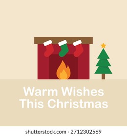 Um vetor acolhedor ilustração de uma lareira com meias suspensas e uma pequena árvore de Natal ao lado dele, emparelhado com a saudação de Natal quente "Desejos quentes neste Natal."