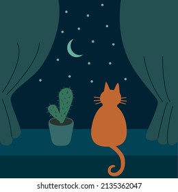 Cozy vector illustration with a ginger cat sitting on a windowsill next to a cactus and looking out the window at the night sky with stars and the moon.