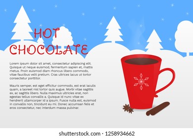 Cozy vector illustration with red cup of cocoa and winter forest on the background. Can be used for winter decorations, poster, cover, package design, web and advertising banner.