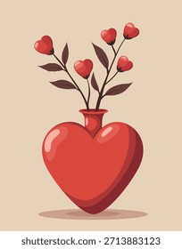 Cozy vector illustration of a red heart-shaped vase filled with sprigs of red heart-shaped flowers, perfect for Valentine's Day cards, romantic designs or decorative purposes