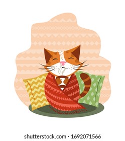 Cozy vector illustration. I'm staying home. Home interior. Cat with a cup.