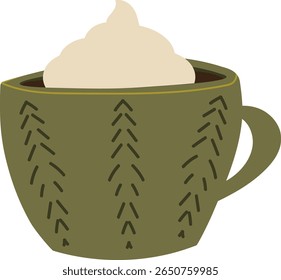 Cozy vector illustration of a warm green mug topped with whipped cream. Perfect for autumn, winter, hot beverage menus, and comforting seasonal designs.