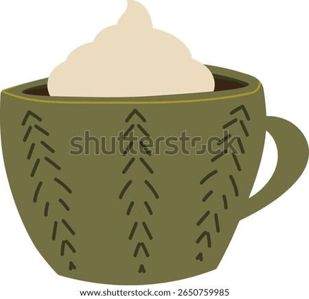 Cozy vector illustration of a warm green mug topped with whipped cream. Perfect for autumn, winter, hot beverage menus, and comforting seasonal designs.