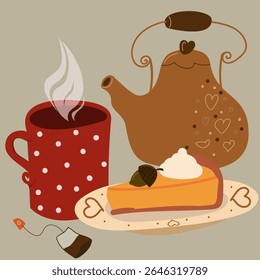 Cozy vector illustration of a warm tea and pumpkin pie scene. Perfect for seasonal cards, kitchen prints, recipe books, and inviting home decor.